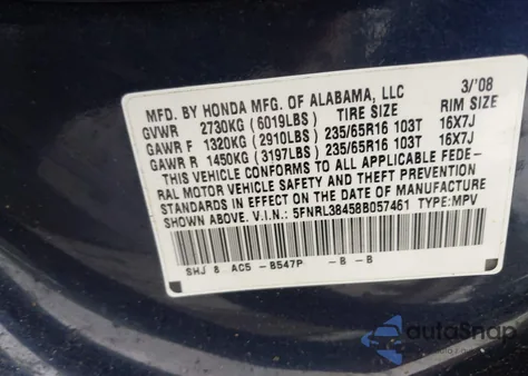 2008 Honda Odyssey Ex z USA, uszkodzony, nr VIN 5FNRL38458B057461
